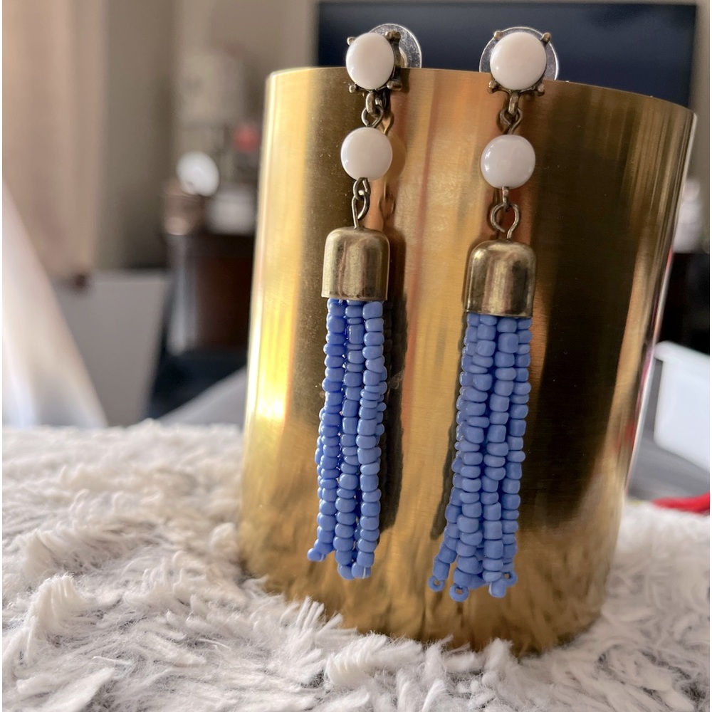 Vintage cornflower blue sea bead earrings, 2 in, post backs